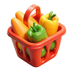 Brightly colored plastic toy vegetables in a red shopping basket