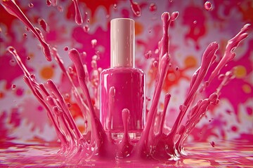 Pink nail polish bottle surrounded by vibrant splashes