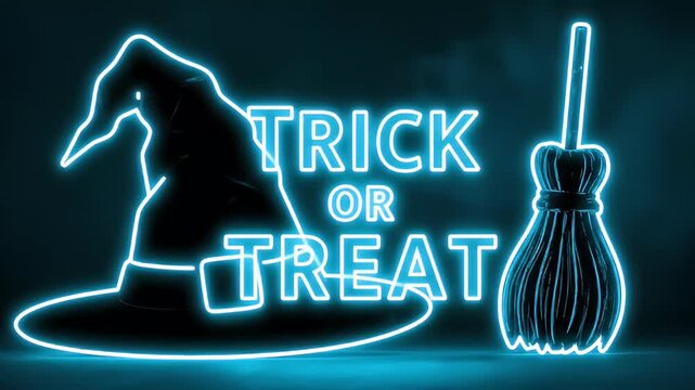 Neon trick or treat sign featuring witch hat and broom on dark background