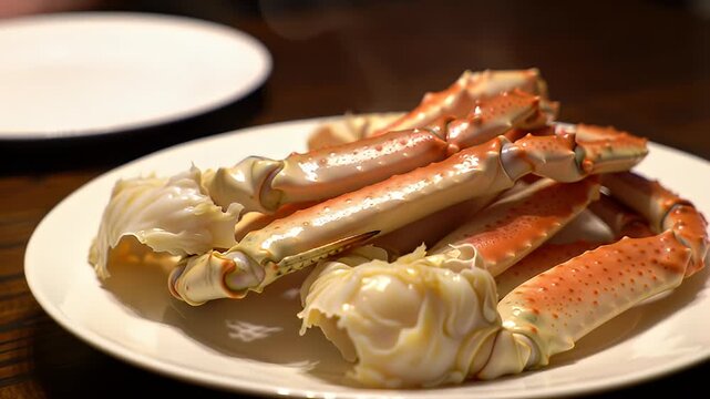 Plate of cooked crab legs on white dish atop a dark surface, other plate nearby