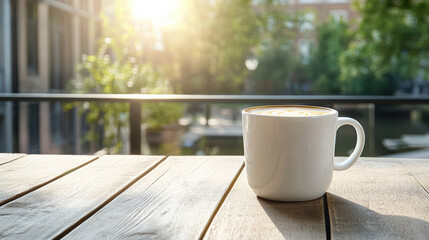 Serene coffee cup sits on wooden table, basking in warm glow of sunrise