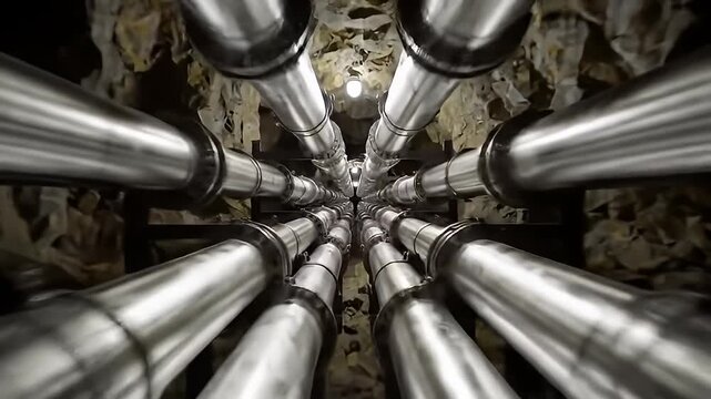 Tunnel of shiny, silvery pipes extending into the distance, with a single light