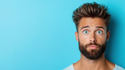Fototapeta premium Confused expression with tilted head and bright blue background creates striking image