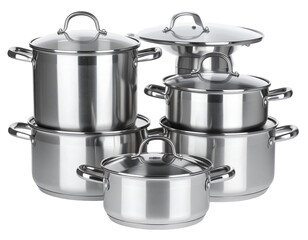 Set of Stainless Steel Cooking Pots with Glass Lids, Front View, Isolated on White Background