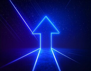 A bright neon blue upward arrow illuminates a futuristic pathway through a dark space.