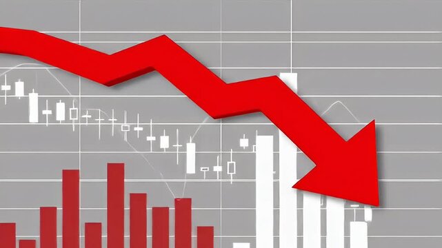 Red arrow points down amid bar and candlestick charts on gray grid background
