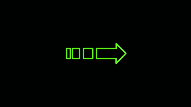 Glowing right side arrow icon animation on black background, right arrow animation. arrow on black and green background left to right direction animation element.