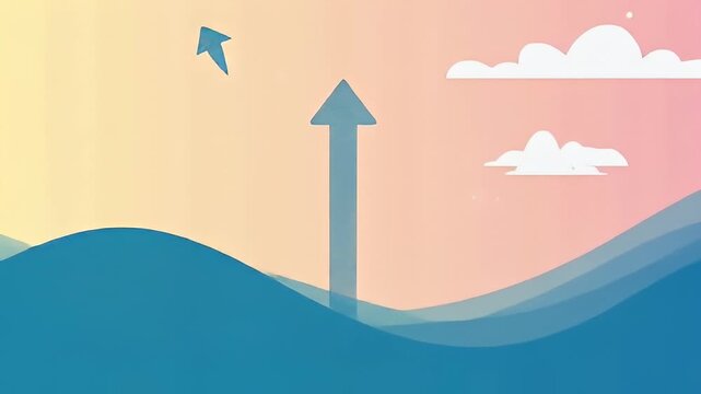 Stylized landscape with hills, arrows, and soft pastel colors at sunrise or sunset