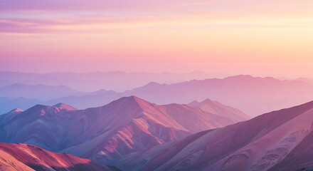 Pastel Mountain Landscape at Sunset: Serene Peaks Bathed in Warm Light, A Tranquil Vista of Rolling Hills