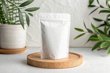 White pouch. The background has a natural, organic feel. Fashionable. Stylish. Natural light.
