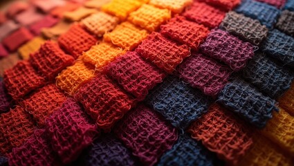 A colorful array of textured textile samples, showcasing a spectrum of vibrant hues and intricate patterns.
