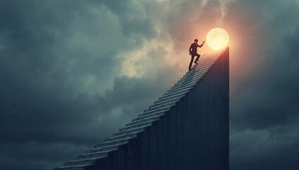 Fototapeta premium Man Climbing Stairs Towards Bright Light Goal in Dramatic Sky Leadership Journey
