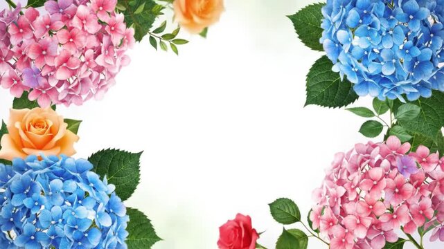Vibrant Floral Frame Hydrangeas and Roses in a Colorful Spring Bouquet