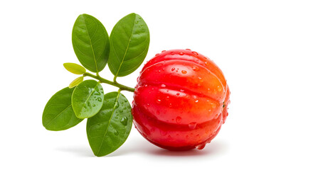 Close up of a vibrant red acerola cherry with green leaves against a white background studio shot