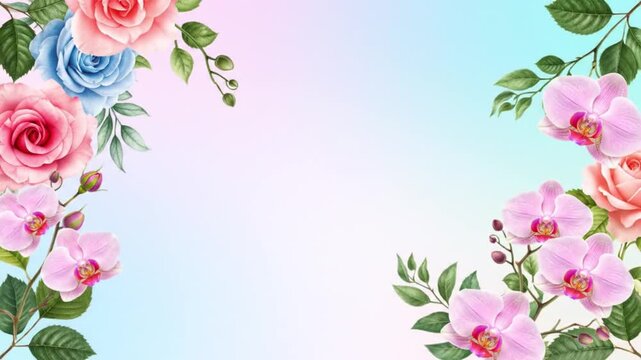 Elegant Floral Corner Accents with Soft Pink and Blue Roses and Delicate Pink Orchids on a Gradient Background