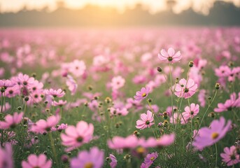 ピンクのコスモス畑の夕暮れ