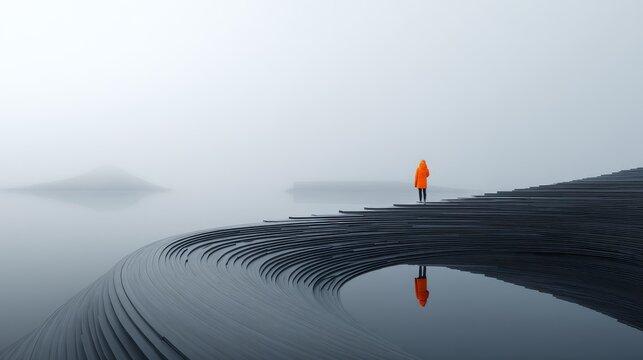 A solitary figure in an orange coat stands on a wavy, monochrome landscape with mist, reflecting in the water.