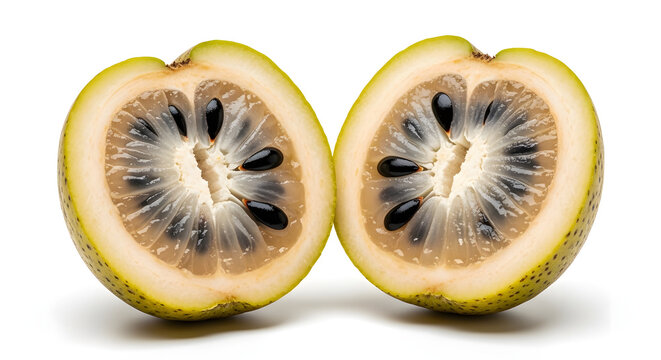 Two halves of a cut open maypop fruit showing seeds and pulp isolated on a white background