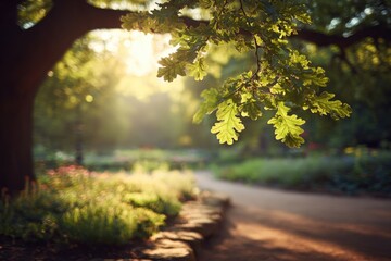 Sunlit park path with oak leaves