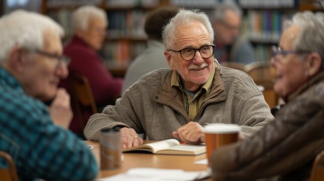 Vibrant Discussion: Senior Book Club Meeting in a Cozy Library Corner