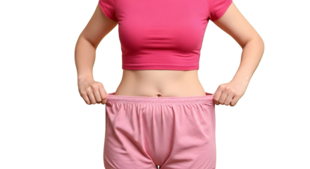 Weight loss success concept woman in oversized pants showing results of diet and exercise program body image on transparent background