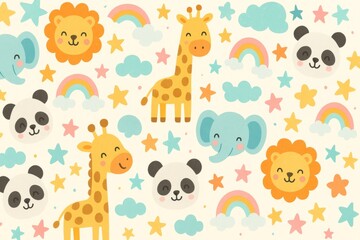 A seamless cartoon animal pattern in pastel colors with stars, clouds, and rainbows, designed for children’s products, wallpaper, and educational graphics. Generative AI