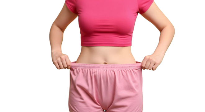 Weight loss success concept woman in oversized pants showing results of diet and exercise program body image on transparent background