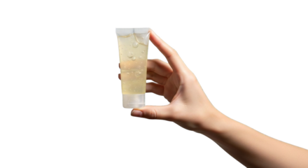Stock photo of hand holding clear gel tube skincare product beauty treatment on black background for advertising 100 on transparent background