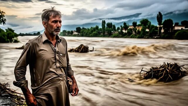 Pakistan flooding crisis: man stands amidst floodwaters after devastating monsoon rains disaster