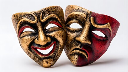 A pair of dramatic theater masks, one expressing joy and the other sorrow