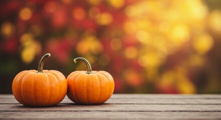 秋のミニカボチャと紅葉背景