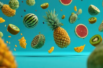Fruits in mid-air, vibrant colors