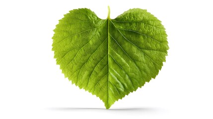 A close-up shot of a green leaf in the shape of a heart, showcasing its intricate details and vibrant color. The leaf stands out, a testament to nature's beauty