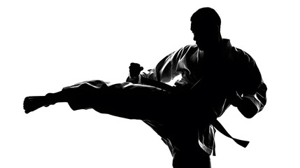 A dynamic silhouette captures the energy of a martial artist in a high kick action