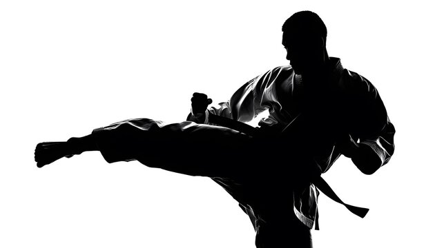 A dynamic silhouette captures the energy of a martial artist in a high kick action