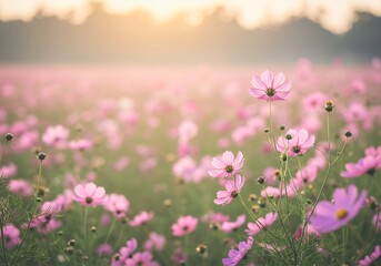 Fototapeta premium 夕暮れのピンクコスモス畑