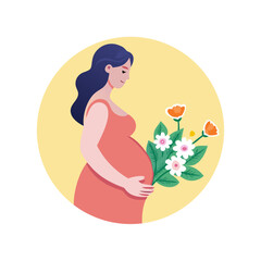 Minimalist illustration of pregnant woman holding flowers with circular background design element