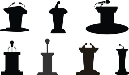 Collection of Different Podium Silhouettes in Black with Microphones.