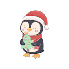 Hand drawn style penguin holding a decorated Christmas tree, wearing a Santa hat and scarf. Soft pastel illustration on white background, perfect for holiday cards, stickers, packaging 