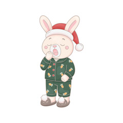 Hand drawn style bunny in festive pajamas yawning with a Santa hat and slippers. Cozy Christmas clipart on white background, perfect for holiday cards, childrens books, stickers, and seasonal designs.