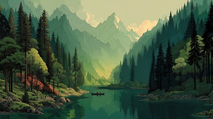 Vintage retro illustration of whimsical forest background with mountains, trees, and lake in green color scheme, flat design with central copy space for web banner