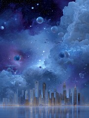 Obraz premium A fantasy cityscape under a cosmic sky with floating orbs, vibrant colors, and city skyscrapers reflecting in water.