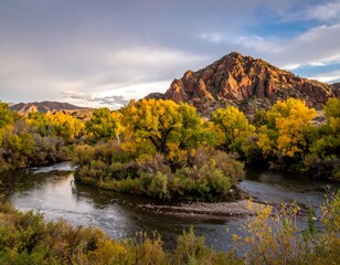 Fototapeta premium Autumn river bend with colorful trees