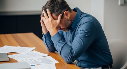 Man in blue shirt with hands on head sitting at desk with papers and laptop looking stressed out