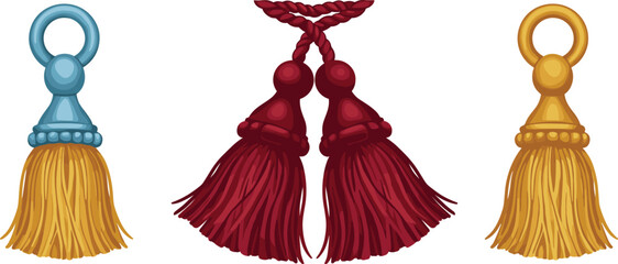 Elegant decorative tassels collection, colorful vintage hanging tassels, home decor accessories, textile embellishments, stylish curtain tiebacks, craft supplies