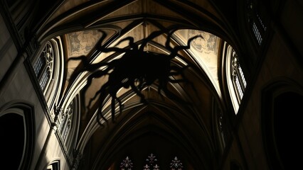 Mysterious Spider Silhouette in Abandoned Gothic Church Nave
