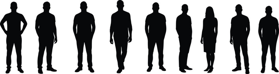 Silhouette of diverse men and women standing in row, business teamwork concept, human group, vector illustration, professional people design