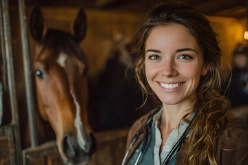 Warm toned portrait of female veterinarian taking cae of horse in stables and miling