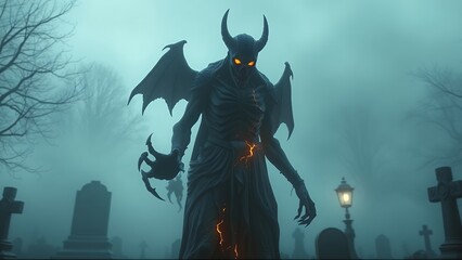 Fantastical Halloween Scene with Dark Angel Character