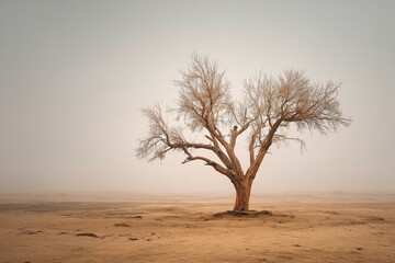 Lone tree in foggy desert landscape, symbolic backdrop for motivational content, travel promotions, climate awareness campaigns

